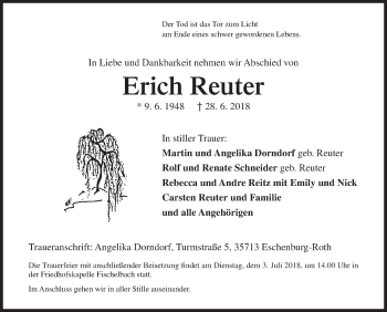 Traueranzeige von Erich Reuter von Siegener Zeitung