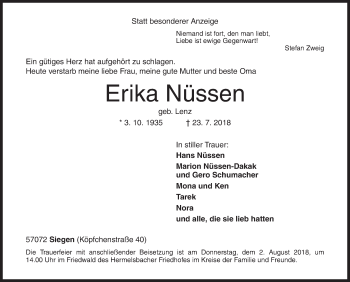 Traueranzeige von Erika Nüssen von Siegener Zeitung