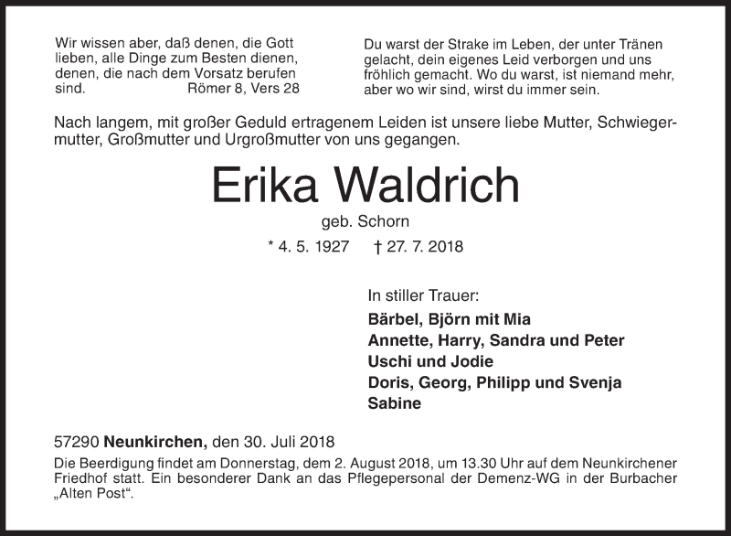  Traueranzeige für Erika Waldrich vom 30.07.2018 aus Siegener Zeitung