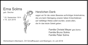 Traueranzeige von Erna Solms von Siegener Zeitung