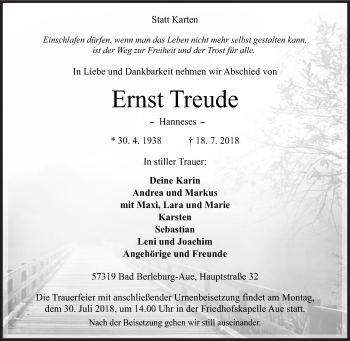 Traueranzeige von Ernst Treude von Siegener Zeitung