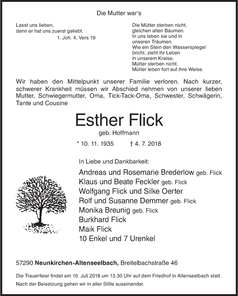  Traueranzeige für Esther Flick vom 07.07.2018 aus Siegener Zeitung