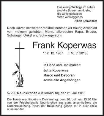 Traueranzeige von Frank Koperwas von Siegener Zeitung