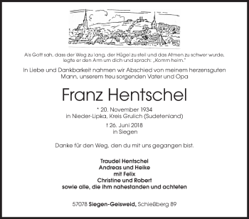 Traueranzeige von Franz Hentschel von Siegener Zeitung