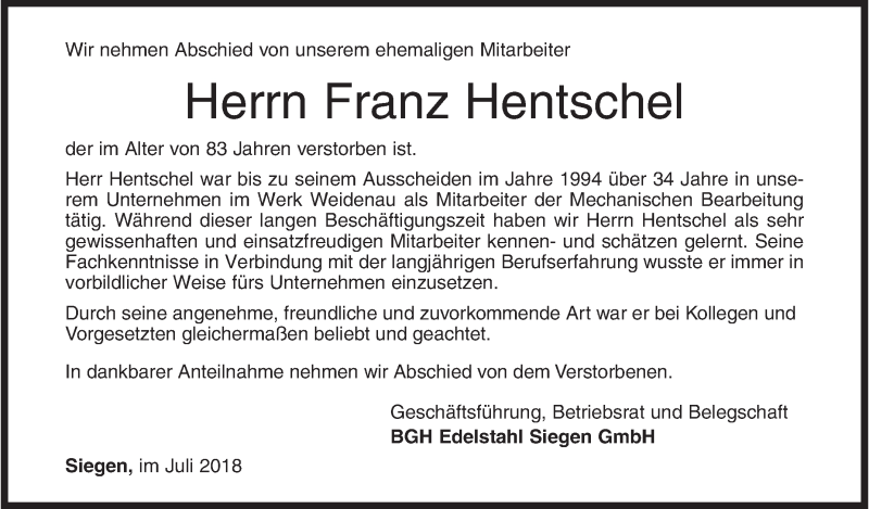  Traueranzeige für Franz Hentschel vom 07.07.2018 aus Siegener Zeitung