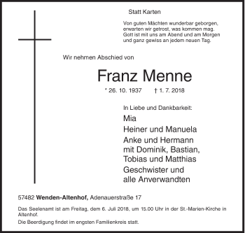 Traueranzeige von Franz Menne von Siegener Zeitung