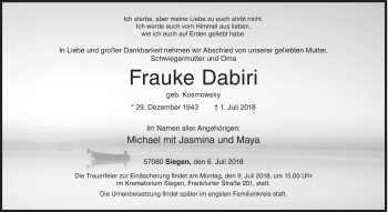 Traueranzeige von Frauke Dabiri von Siegener Zeitung