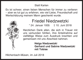 Traueranzeige von Friedel Niedzwetzki von Siegener Zeitung
