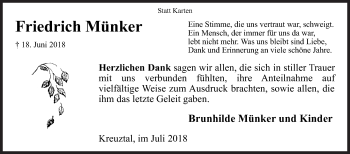 Traueranzeige von Friedrich Münker von Siegener Zeitung