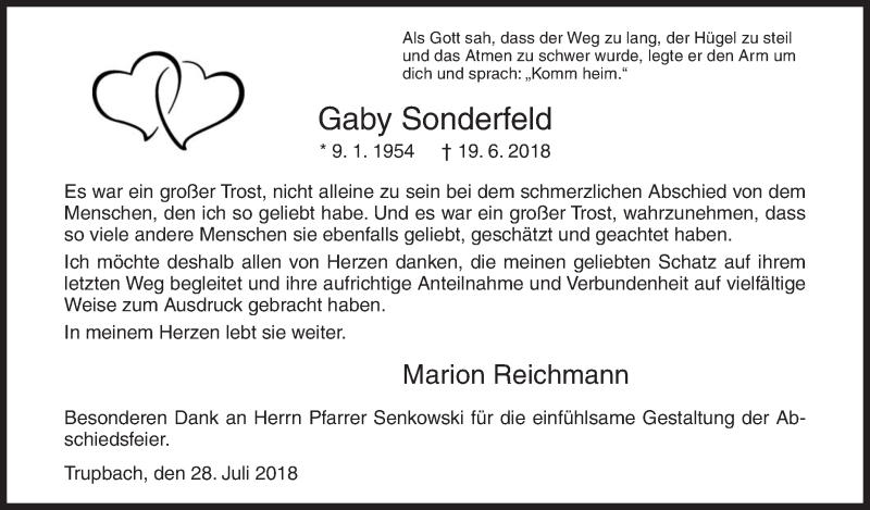  Traueranzeige für Gaby Sonderfeld vom 28.07.2018 aus Siegener Zeitung