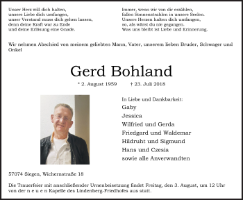 Traueranzeige von Gerd Bohland von Siegener Zeitung