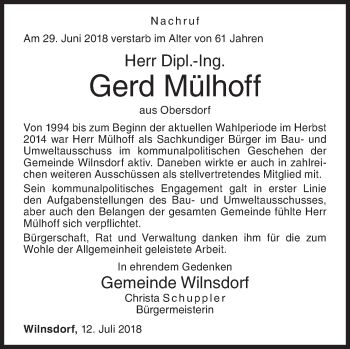 Traueranzeige von Gerd Mülhoff von Siegener Zeitung