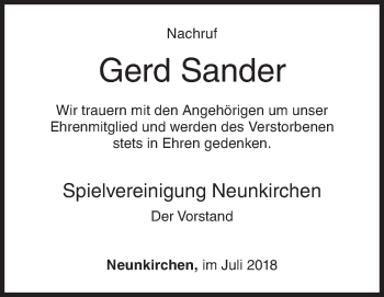 Traueranzeige von Gerd Sander von Siegener Zeitung