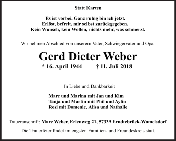 Traueranzeige von Gerd Dieter Weber von Siegener Zeitung