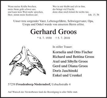 Traueranzeige von Gerhard Groos von Siegener Zeitung