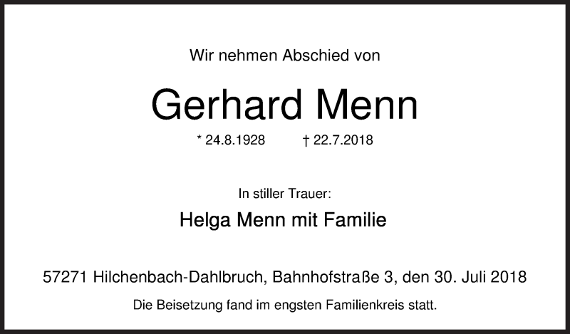  Traueranzeige für Gerhard Menn vom 30.07.2018 aus Siegener Zeitung