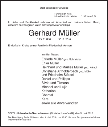 Traueranzeige von Gerhard Müller von Siegener Zeitung