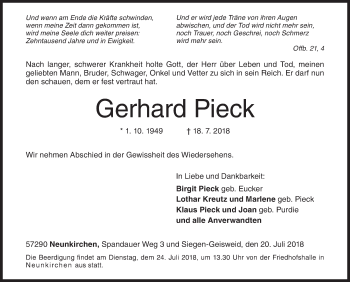 Traueranzeige von Gerhard Pieck von Siegener Zeitung
