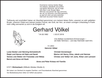 Traueranzeige von Gerhard Völkel von Siegener Zeitung