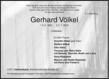 Traueranzeige von Gerhard Völkel von Siegener Zeitung