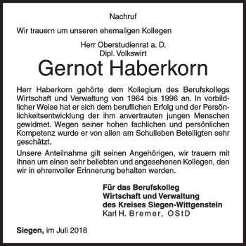 Traueranzeige von Gernot Haberkorn von Siegener Zeitung