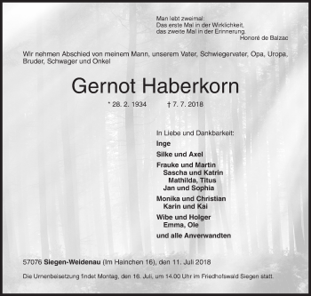 Traueranzeige von Gernot Haberkorn von Siegener Zeitung
