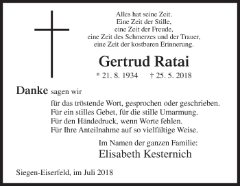 Traueranzeige von Gertrud Ratai von Siegener Zeitung