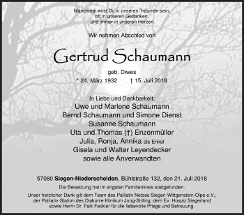 Traueranzeige von Gertrud Schaumann von Siegener Zeitung
