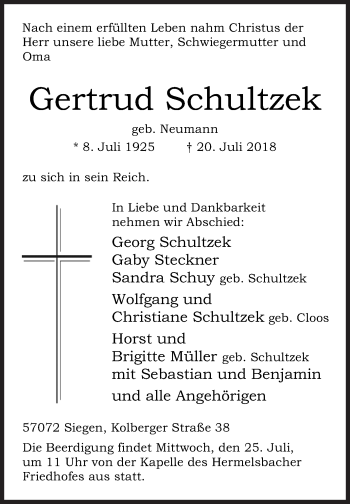 Traueranzeige von Gertrud Schultzek von Siegener Zeitung