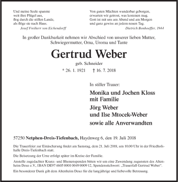 Traueranzeige von Gertrud Weber von Siegener Zeitung