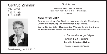 Traueranzeige von Gertrud Zimmer von Siegener Zeitung