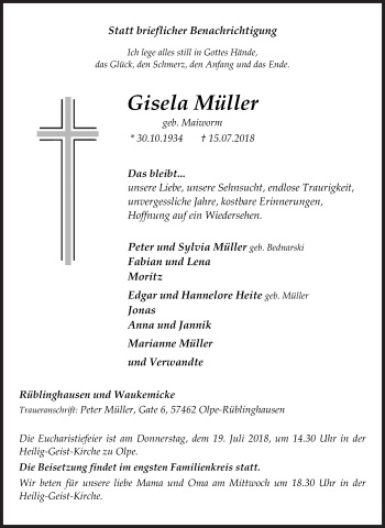 Traueranzeige von Gisela Müller von Siegener Zeitung