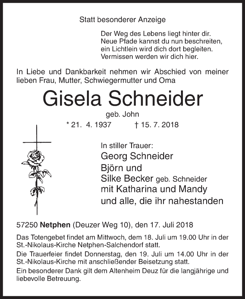  Traueranzeige für Gisela Schneider vom 17.07.2018 aus Siegener Zeitung