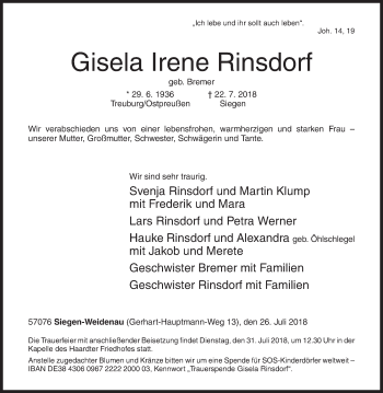 Traueranzeige von Gisela Irene Rinsdorf von Siegener Zeitung