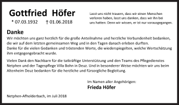 Traueranzeige von Gottfried Höfer von Siegener Zeitung