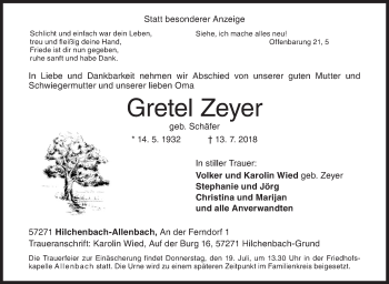 Traueranzeige von Gretel Zeyer von Siegener Zeitung