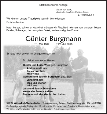 Traueranzeige von Günter Burgmann von Siegener Zeitung
