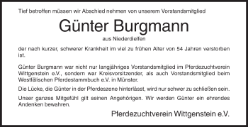 Traueranzeige von Günter Burgmann von Siegener Zeitung