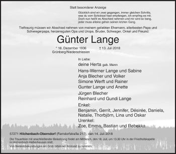 Traueranzeige von Günter Lange von Siegener Zeitung