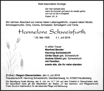 Traueranzeige von Hannelore Schweisfurth von Siegener Zeitung