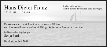 Traueranzeige von Hans Dieter Franz von Siegener Zeitung