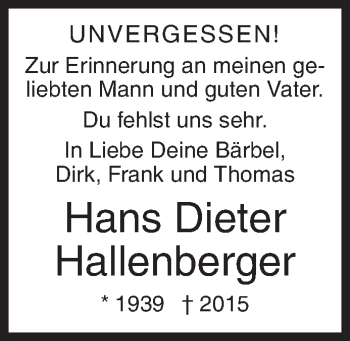 Traueranzeige von Hans Dieter Hallenberger von Siegener Zeitung