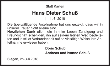 Traueranzeige von Hans Dieter Schuß von Siegener Zeitung