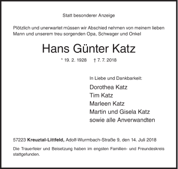 Traueranzeige von Hans Günter Katz von Siegener Zeitung