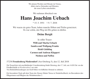 Traueranzeige von Hans Joachim Uebach von Siegener Zeitung