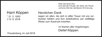 Traueranzeige von Harri Köppen von Siegener Zeitung