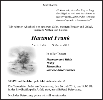 Traueranzeige von Hartmut Frank von Siegener Zeitung