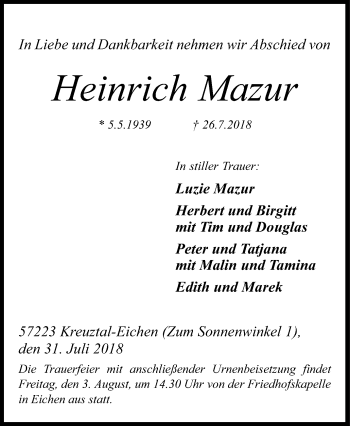 Traueranzeige von Heinrich Mazur von Siegener Zeitung