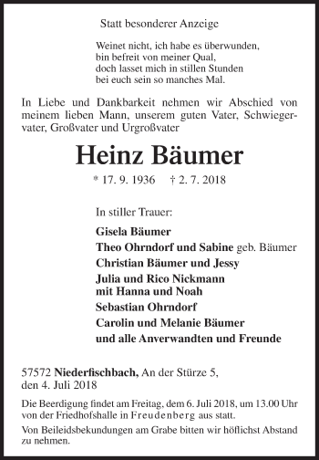 Traueranzeige von Heinz Bäumer von Siegener Zeitung