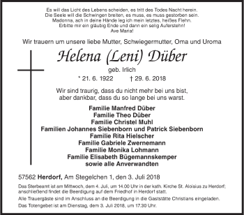 Traueranzeige von Helena Düber von Siegener Zeitung